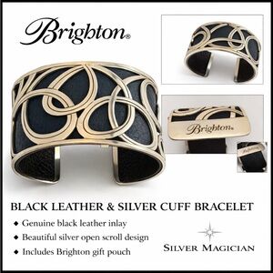 Brighton Silver and Black Leather Cuff Bracelet w/Brighton gift Pouch Included